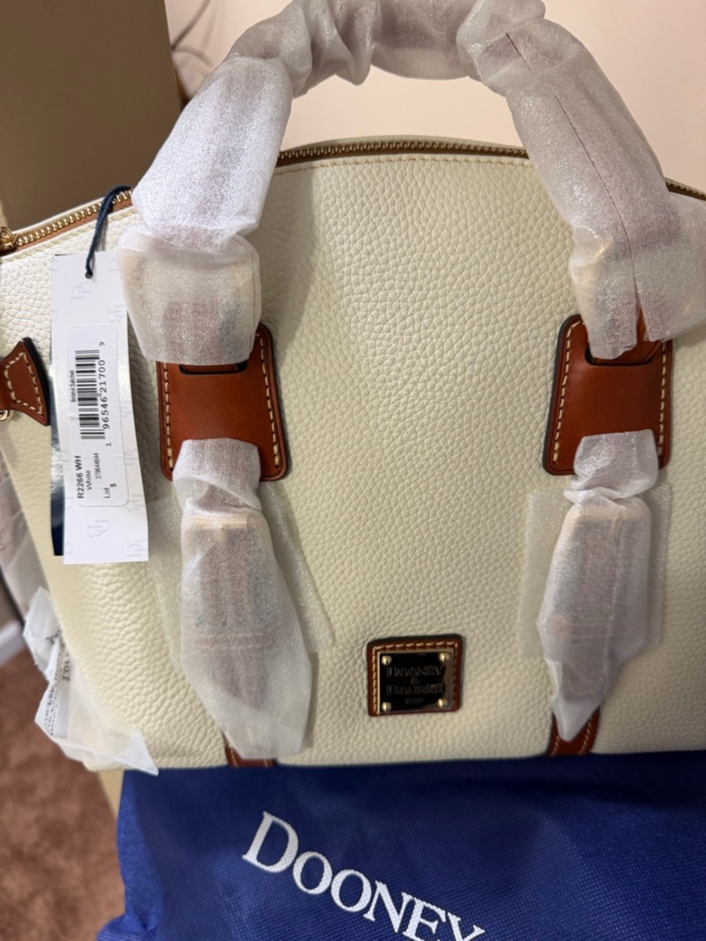 Dooney & Bourke Cream Pebbled Leather Satchel with Brown Trim